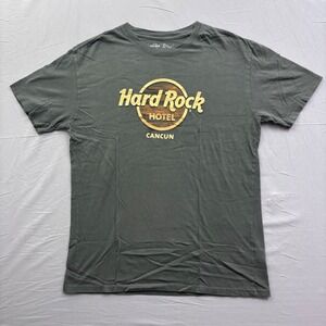 Hard Rock Hotel Cancun T-Shirt Mens L Gray Wood Grain‎ Logo Graphic Tee Cotton